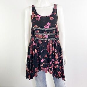 Intimately Free People Black & Pink Floral Tunic Tank Top Size XS Asymmetrical